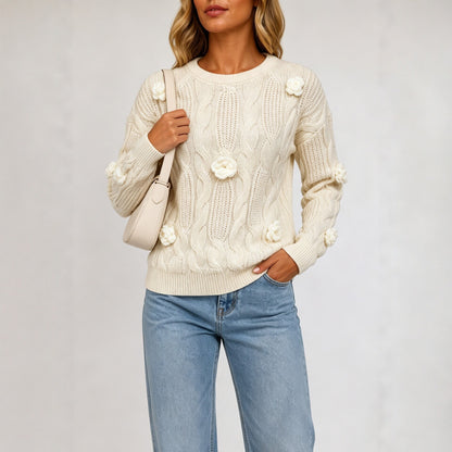 Women's Oversized 3D Floral Cable Knit Sweater