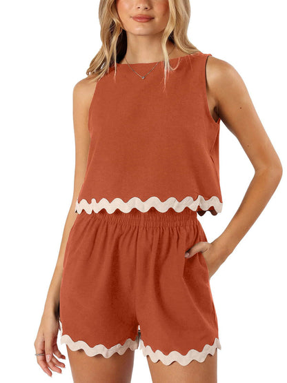 Linen Lace Two-Piece Set - Summer Crew Neck Vest & Shorts