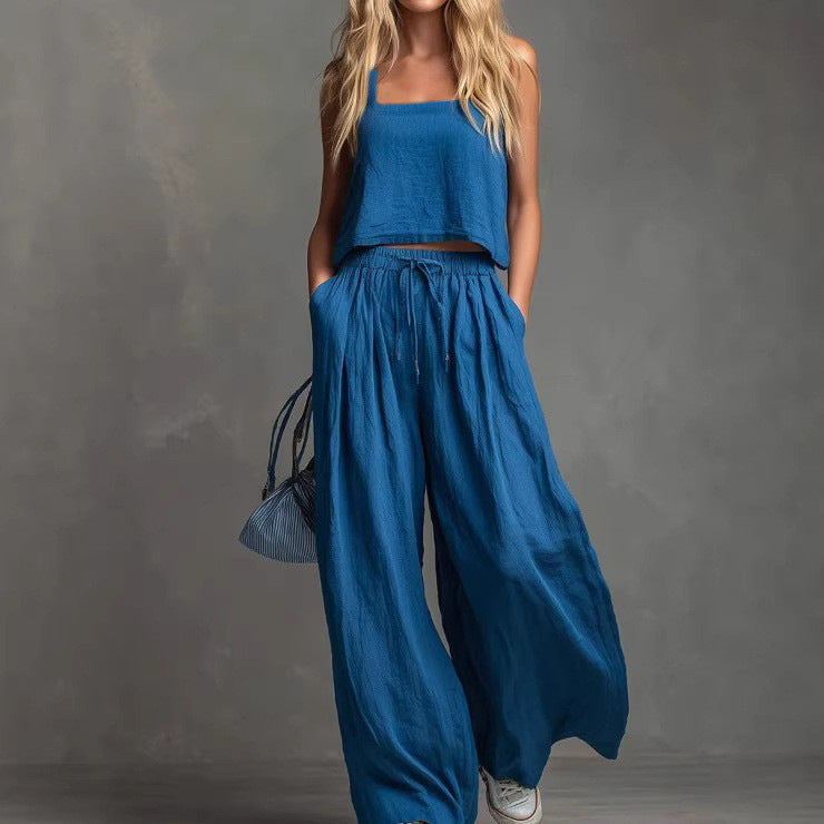 Women's Linen Look Matching Set Tank Wide Leg Pants