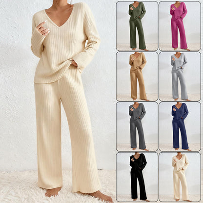 Women's Ribbed Knit Wide Leg Pants Two Piece Lounge Set