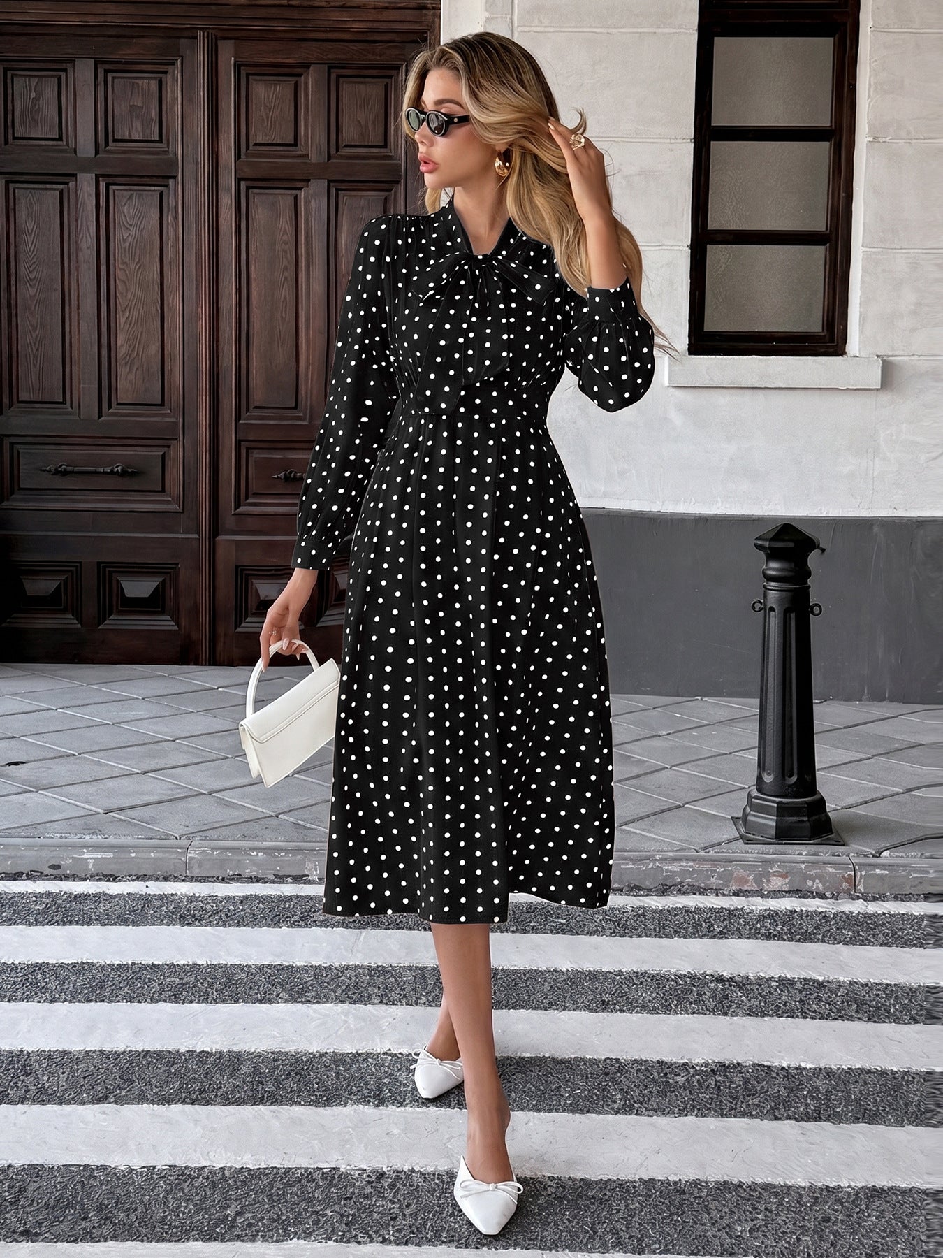 Polka Dot Bow Tie Long Sleeve A-Line Midi Dress