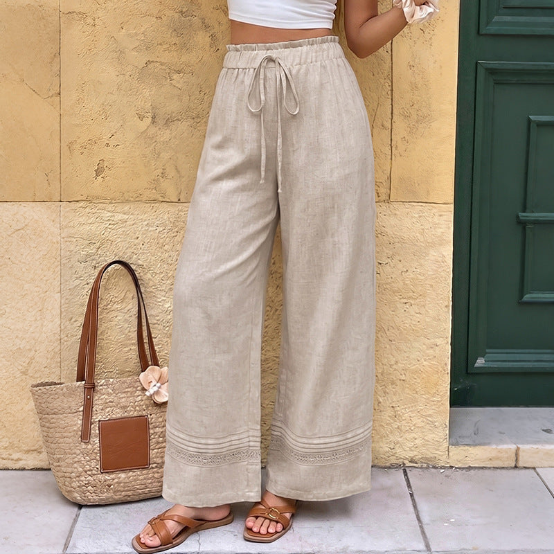 Summer Casual Straight-Leg Pants Elastic Waist Wide Leg Trousers
