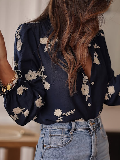 Women's Embroidered Floral Balloon Sleeve Button Down Blouse