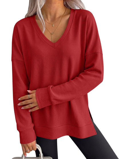 Waffle Knit Top V Neck Side Slit Relaxed Fit