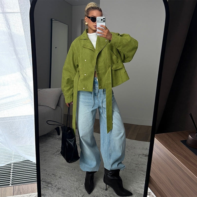 Women's Belted Cropped Jacket Stand Collar Trench Coat