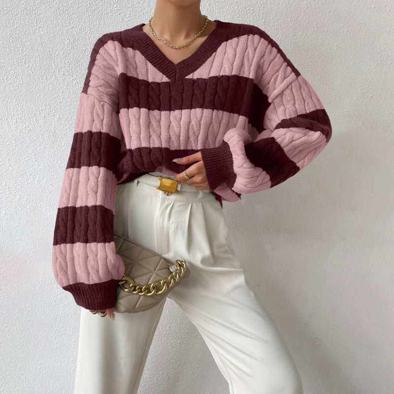 Women's Oversized V-Neck Striped Cable Knit Sweater