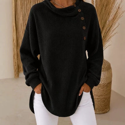 Women's Waffle Knit Cowl Neck Button Pullover Sweater