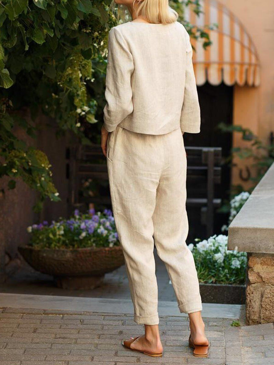 Women's Linen Blend Two Piece Set Long Sleeve Top & Pants