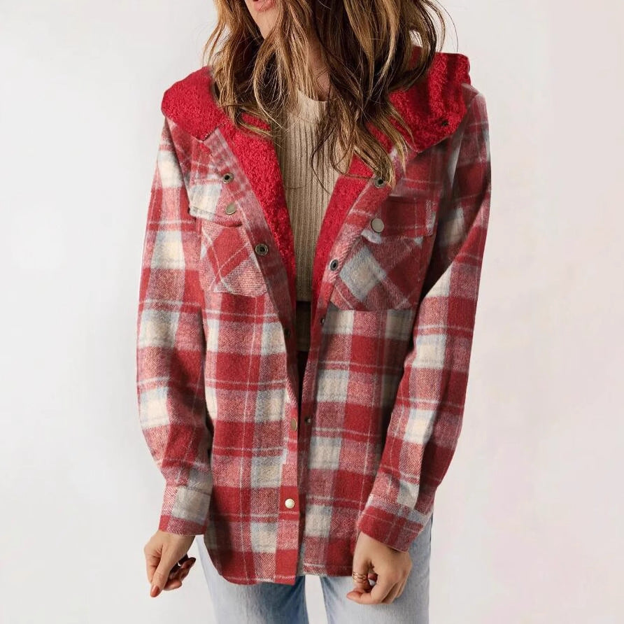 Women's Plaid Fleece Hooded Shacket with Pockets