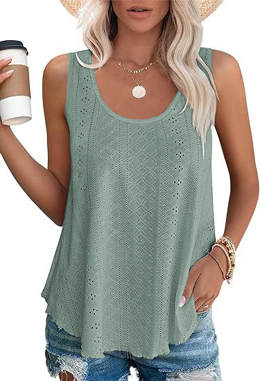Eyelet Knit Tank Top Sleeveless Loose Fit Summer Top
