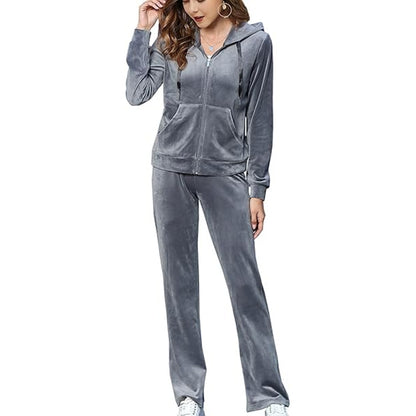 Women's Velvet Zip Hoodie Wide Leg Pants Set