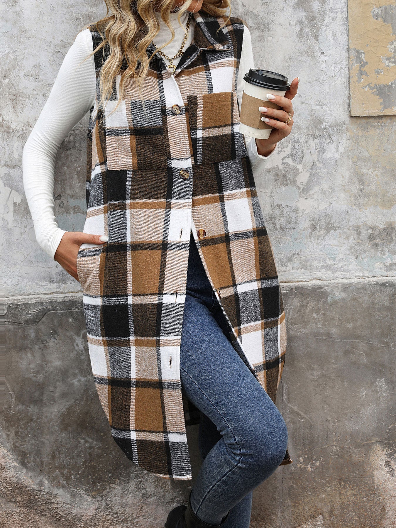Plaid Longline Vest Lapel Button Front Pockets