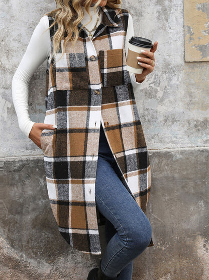 Plaid Longline Vest Lapel Button Front Pockets