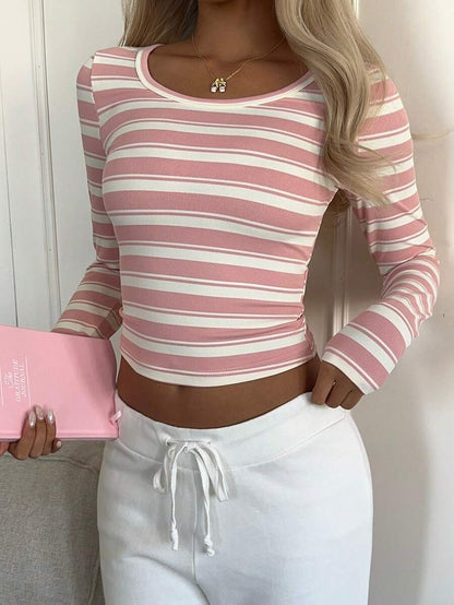 Stripe Ribbed Fitted Crop Top Crew Neck Long Sleeve Tee