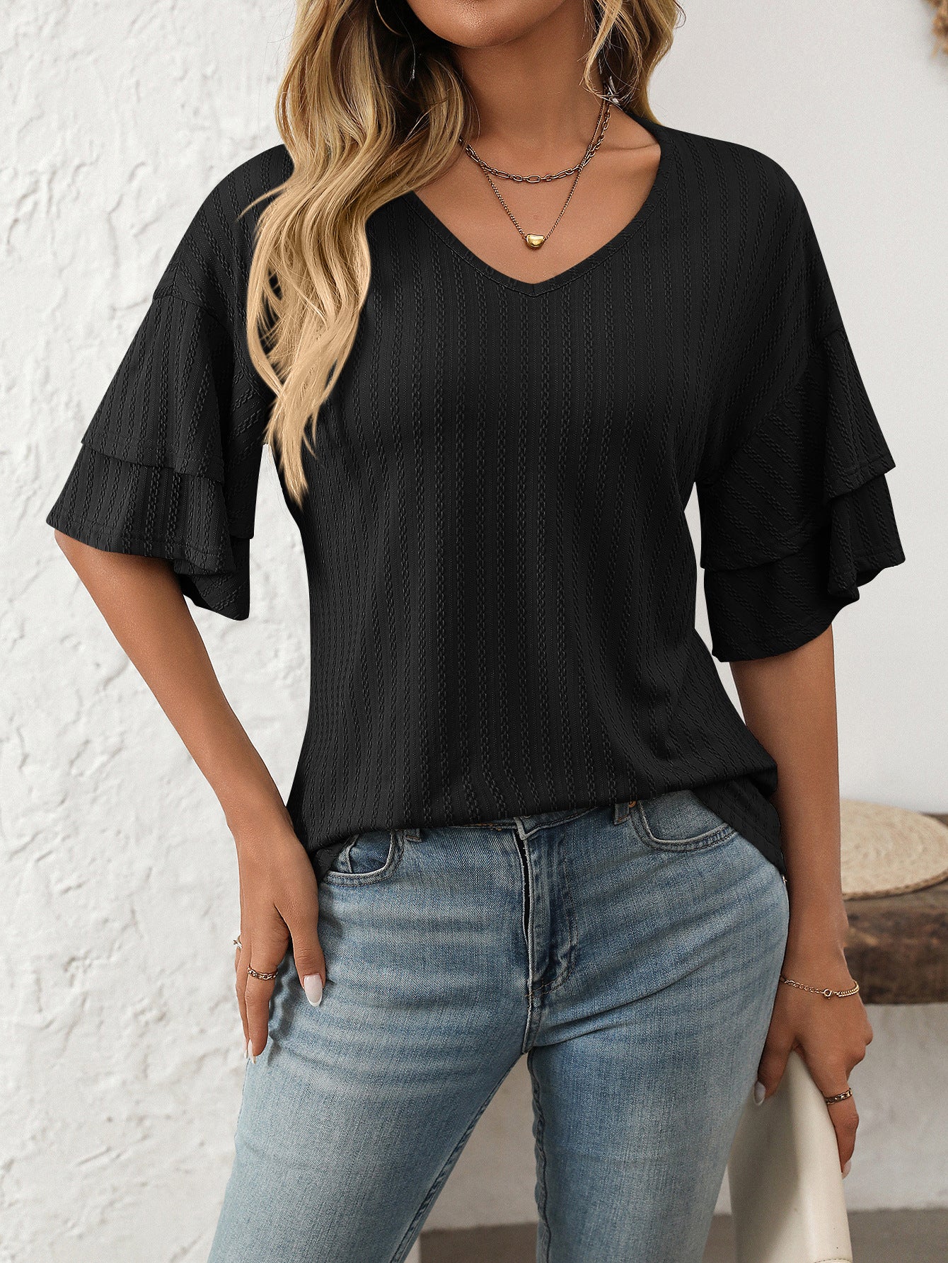 V-Neck Lotus Leaf Sleeve Women’s T-Shirt Top