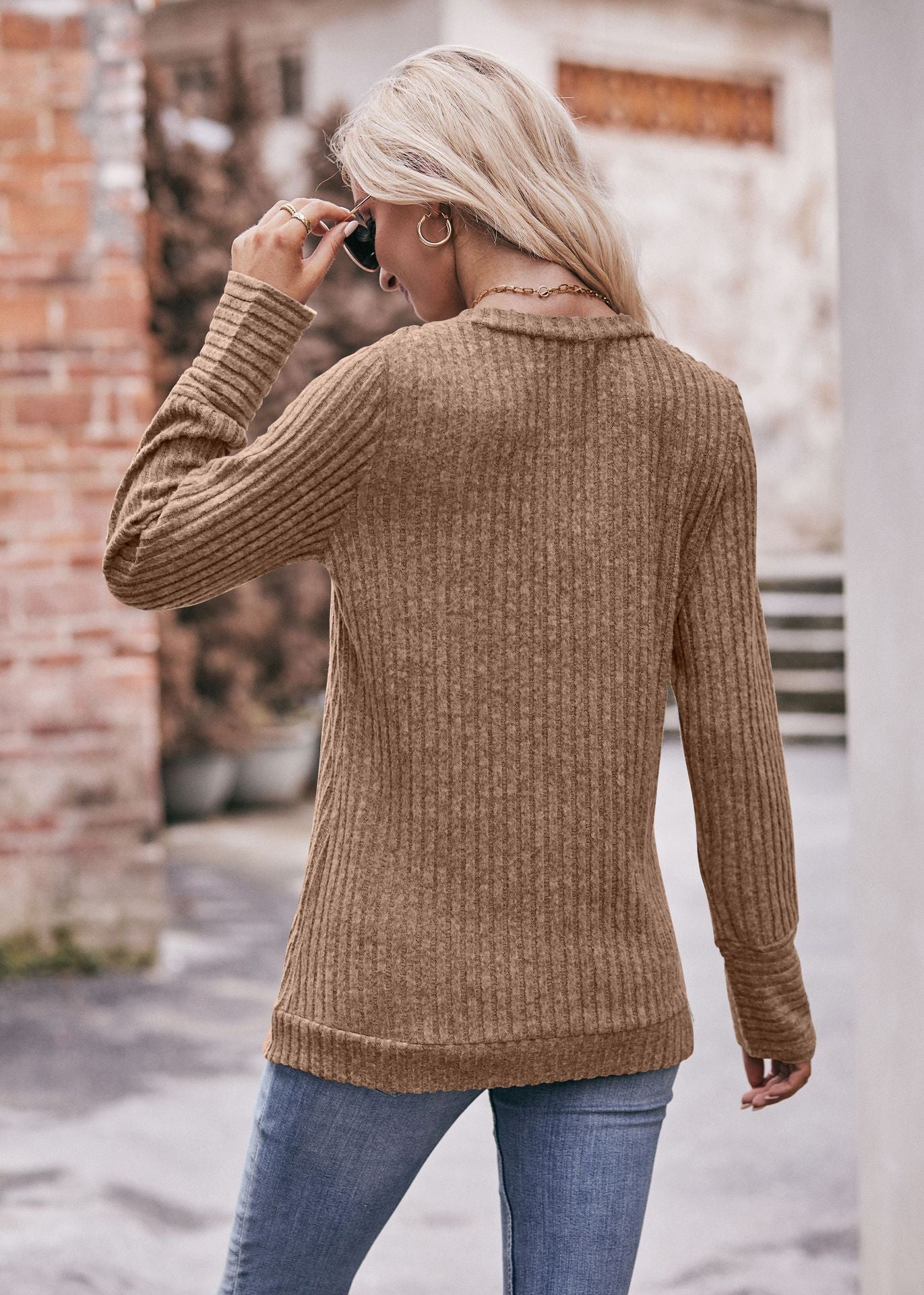 Solid Ribbed V-Neck Long Sleeve Knit Top for Women