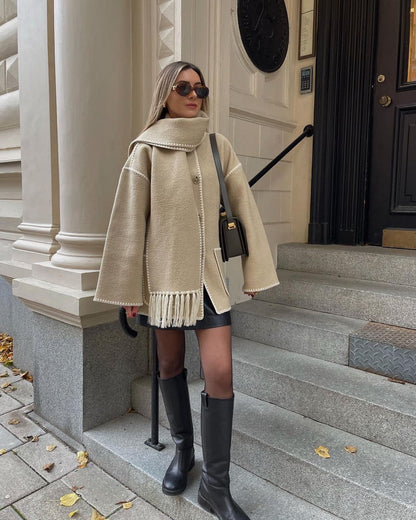 Women's Oversized Faux Wool Scarf Coat With Fringe