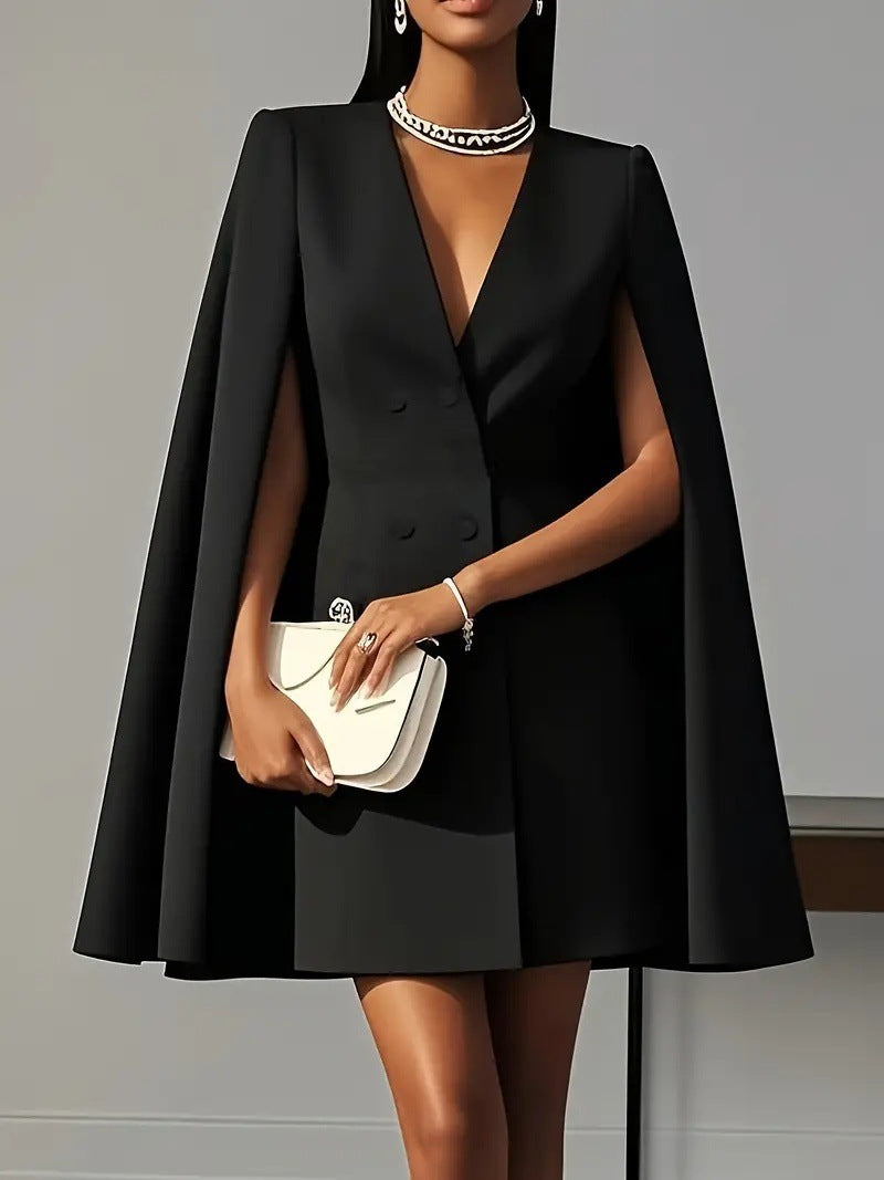 Womens Cape Blazer Dress Double Breasted V-Neck Mini