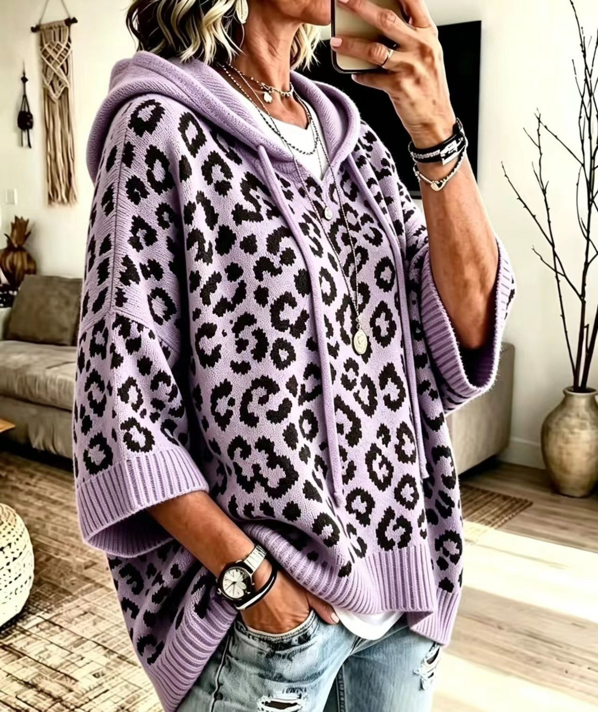 Women's Leopard Print Oversized Hooded Knit Sweater