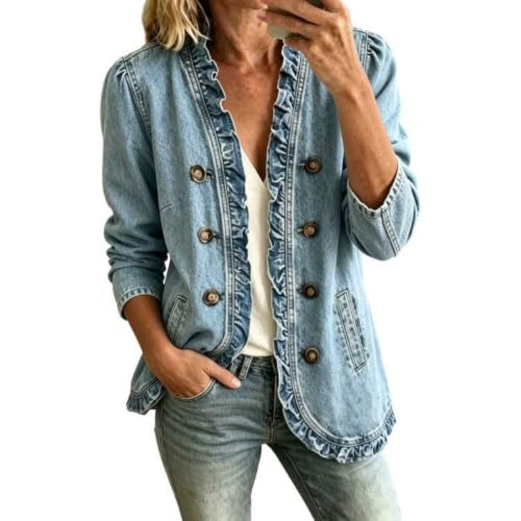 Women's Ruffle Button Down Denim Jacket Long Sleeve Casual