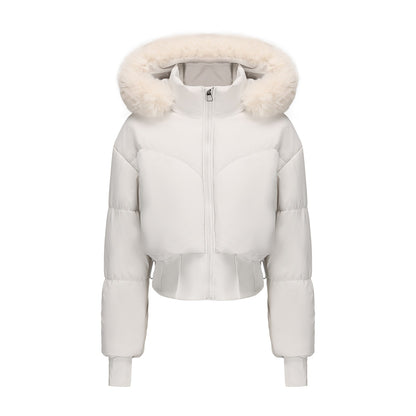 Women's Faux Fur Hood Cropped Cinch Waist Puffer Jacket