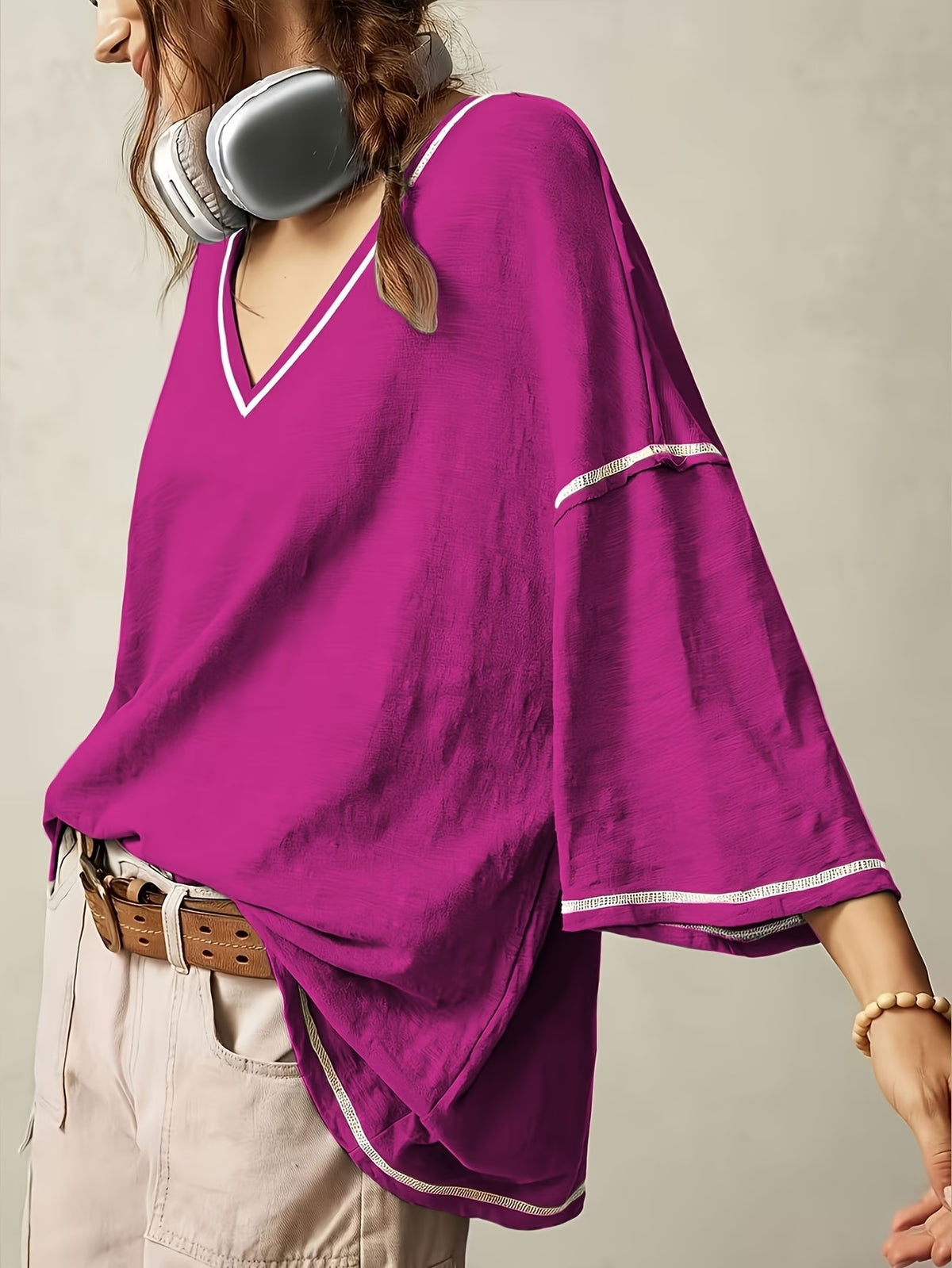 Women's Oversized V-Neck Batwing Sleeve Casual Top