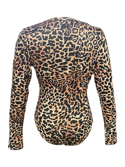 Women's Leopard Zip Front Bodysuit Long Sleeve Thumb Hole