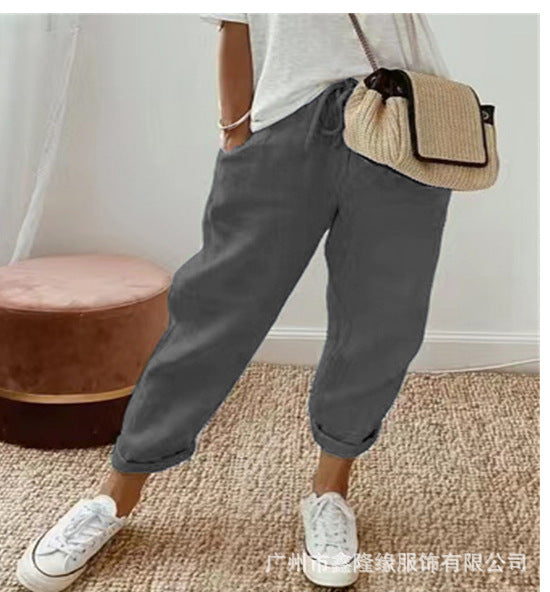 Women's Linen Blend Loose Fit Ankle Pants with Pockets