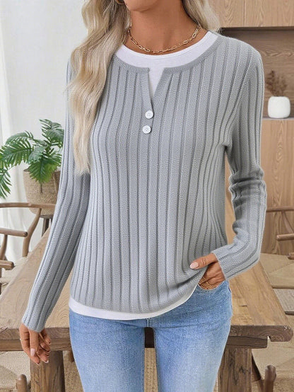 Ribbed Faux Layered Henley Long Sleeve Casual Top