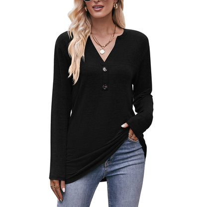 Polished Long Sleeve T-Shirt with V-Neck and Button Details