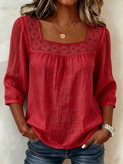 Women's Square Neck Crochet Lace 3/4 Sleeve Blouse