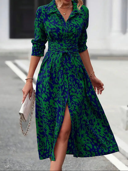 Women's Long Sleeve Printed Shirt Dress Tie Waist Midi