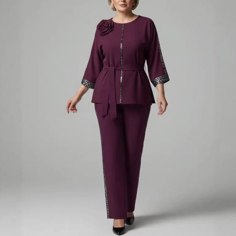 Women's Elegant Belted 2-Piece Floral Pant Set