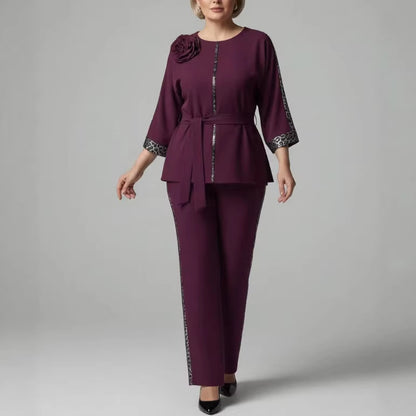 Women's Elegant Belted 2-Piece Floral Pant Set