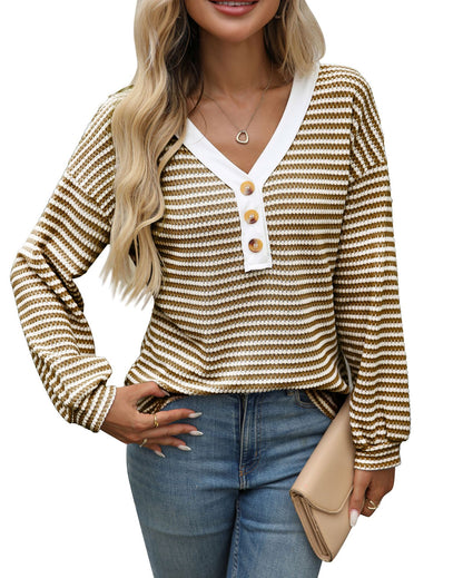 Striped V Neck Henley Long Sleeve Casual Knit Top