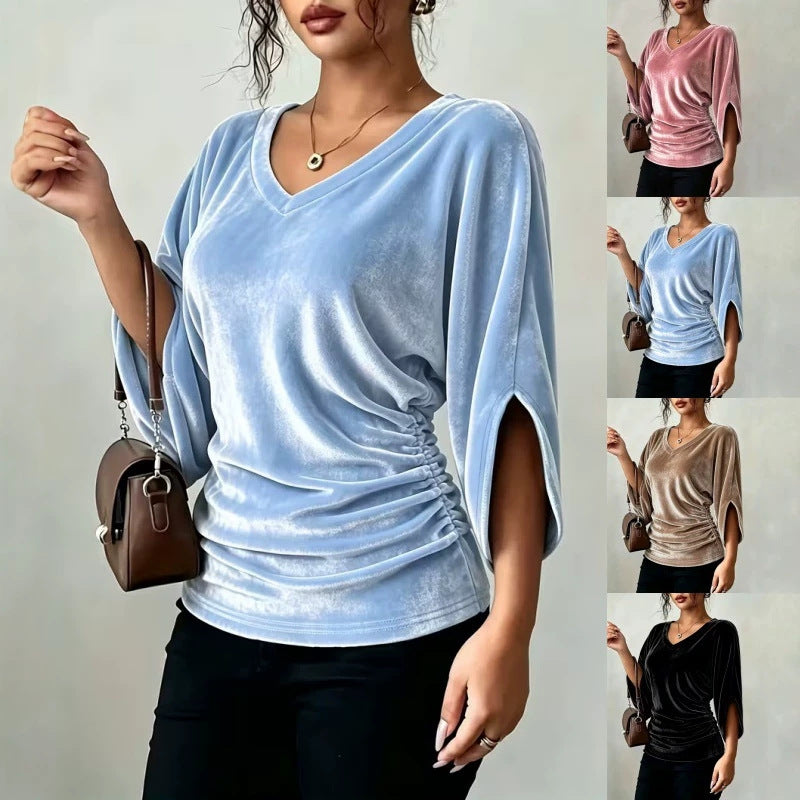 Women's Velvet V Neck Batwing 3/4 Sleeve Ruched Top