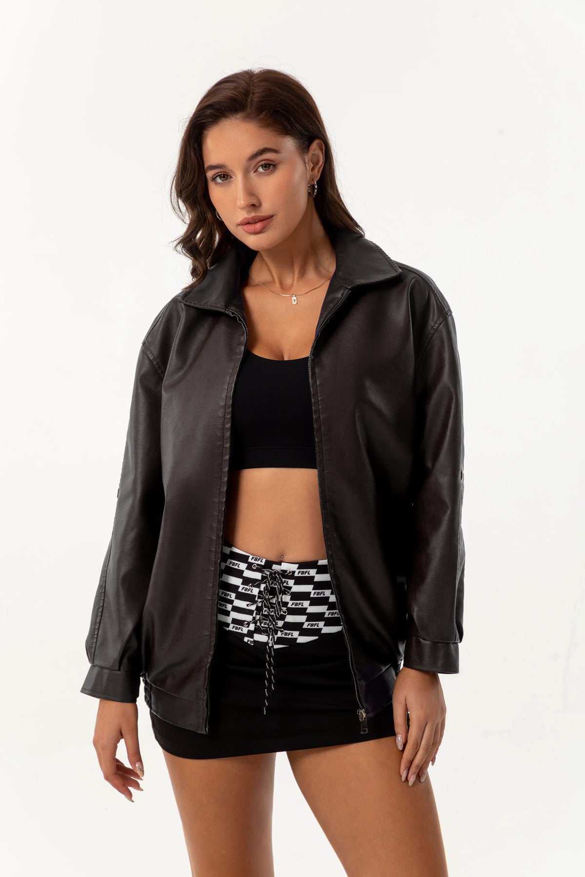 Womens Oversized Faux Leather Jacket Zip Up Casual