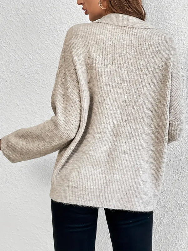 Women's Ribbed Polo Collar Sweater Long Sleeve Pullover