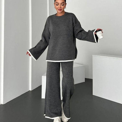 Women Color Block Lounge Set Side Slit Pants