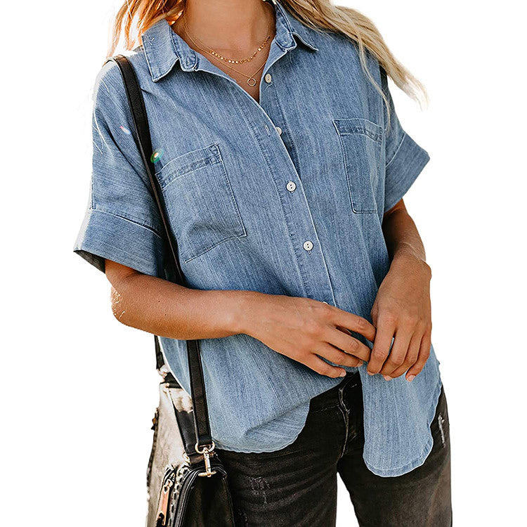 Loose Fit Denim Shirt Women Collared Short Sleeve Top