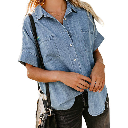 Loose Fit Denim Shirt Women Collared Short Sleeve Top