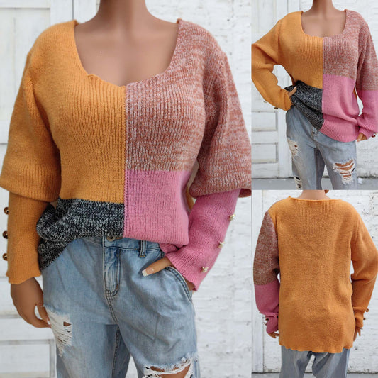 Women's Clothing Contrasting Color Splicing Button-down Square Neck Sweater