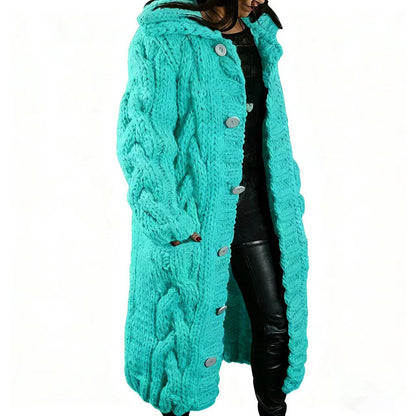 Women's Chunky Cable Knit Hooded Long Cardigan Plus Size