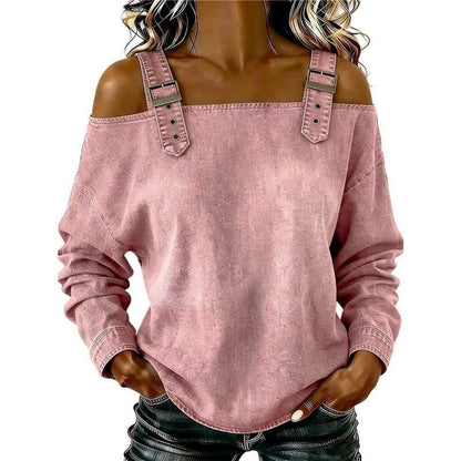 Women's Off Shoulder Denim Buckle Strap Long Sleeve Top