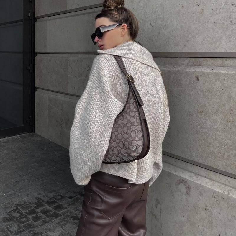 Women's Oversized Half Zip Collared Knit Sweater Pullover
