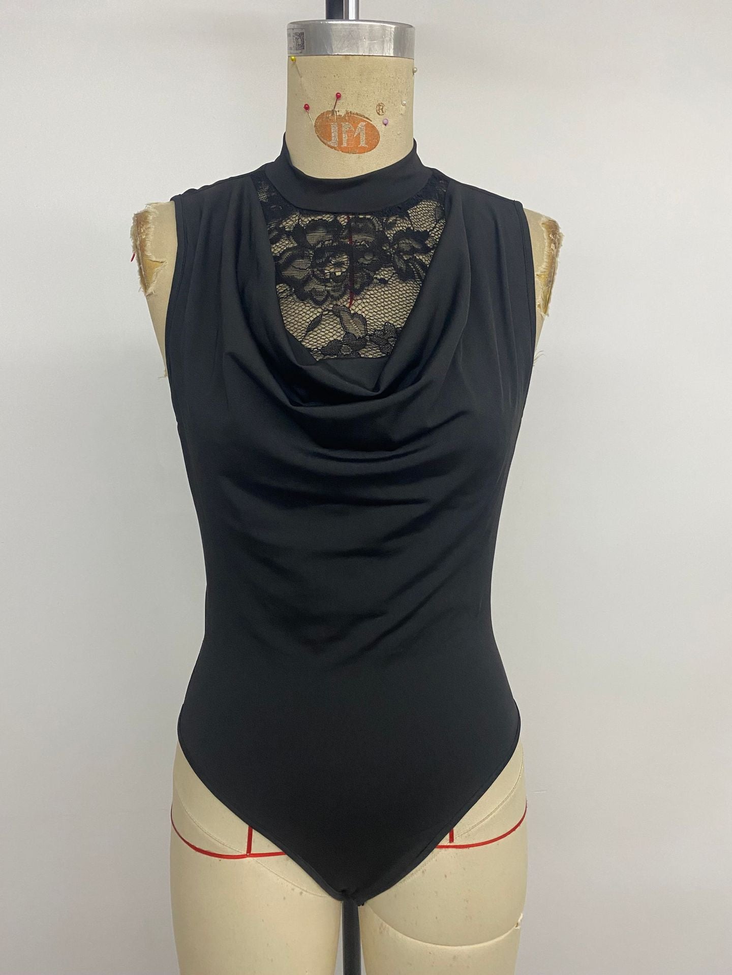 Lace Cowl Neck Sleeveless Slim Fit Bodysuit Top