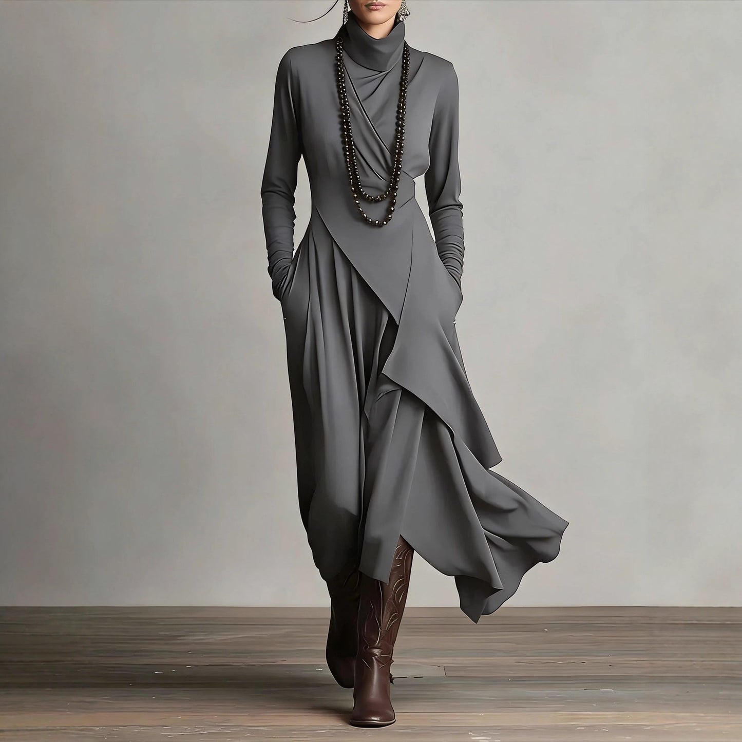 Women's Turtleneck Long Sleeve Asymmetric Midi Dress