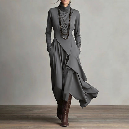 Women's Turtleneck Long Sleeve Asymmetric Midi Dress