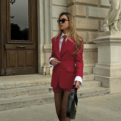 Women's Red 2 Piece Blazer Shorts Set with Tie