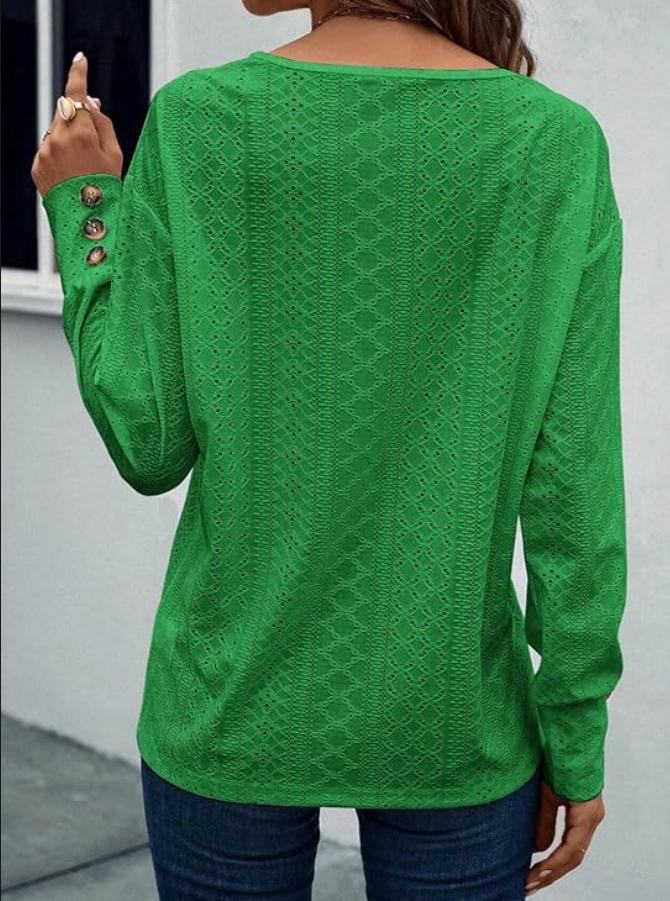 Eyelet V Neck Long Sleeve Loose Fit Casual Blouse